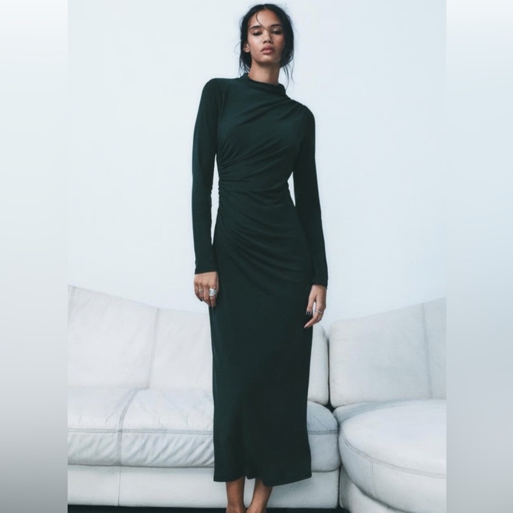 Zara Draped Midi Dark Green Dress, XL